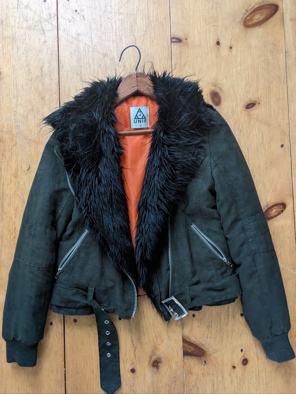 UNIF Berlin Fur Trim Amelia Bomber Jacket Suede Green Zip Orange Lined XS